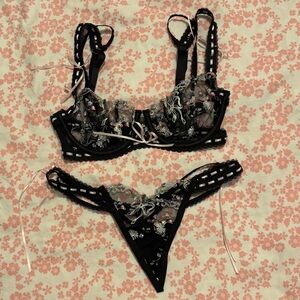 For Love And Lemons Black Floral Embroidered Lace Bra & Thong Set